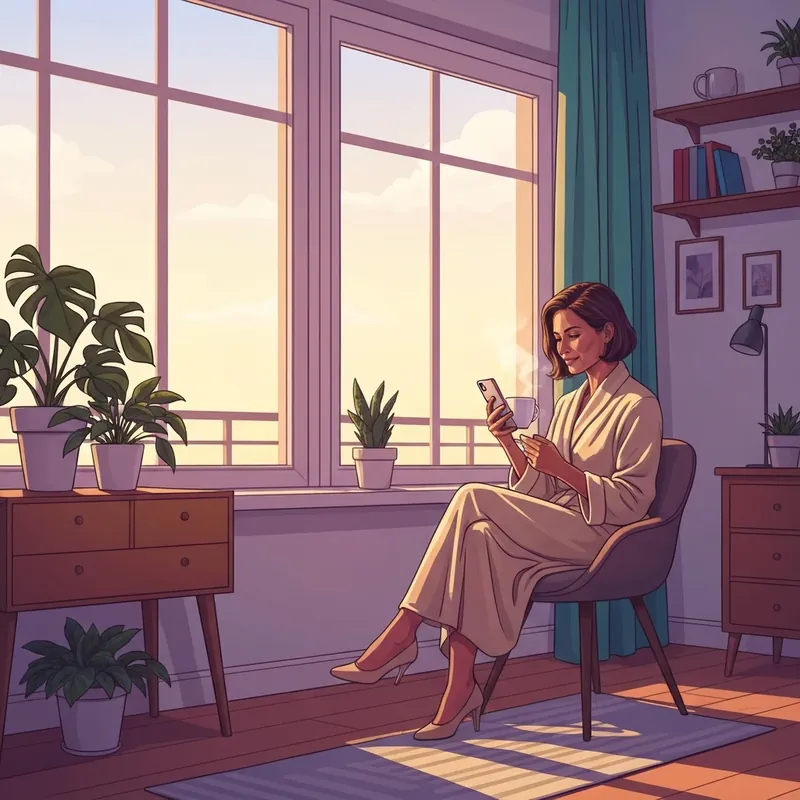 A woman calmly checking her google news feed in a peaceful morning setting, illustrating healthy digital habits.