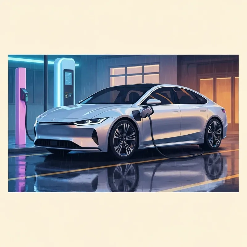 A futuristic electric vehicle parked in a modern cityscape, reflecting the latest Tesla news and market trends.