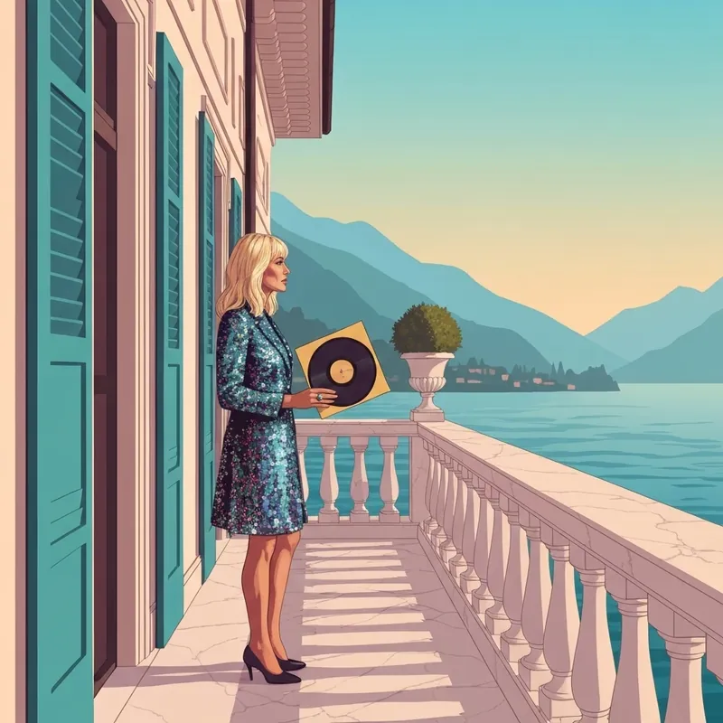 The latest taylor swift aesthetic featuring a blonde artist at a Lake Como mansion representing the Showgirl era.
