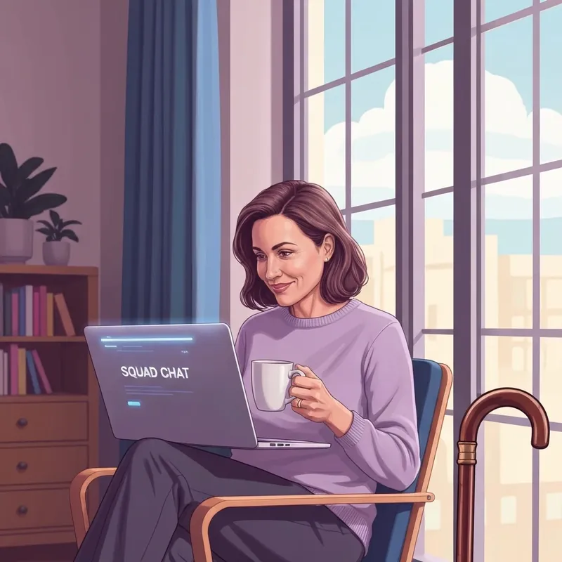 A young woman finding multiple sclerosis support and community through a digital interface in a bright, modern setting.