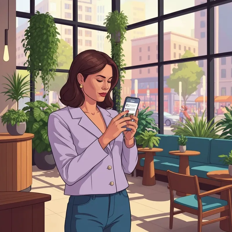 A conscious traveler checking the latest hotels news in a modern, sustainable lobby to ensure an ethical stay.