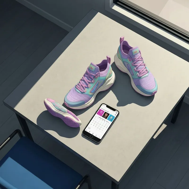 A high-tech sneaker release setup featuring the latest sneakers news on a smartphone and premium footwear.