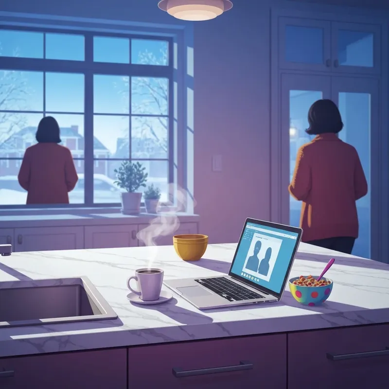 A busy parent's kitchen during school delays with coffee and a laptop.