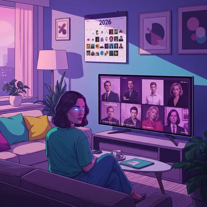 A young woman watching the latest netflix shows 2026 in a futuristic living room setting.