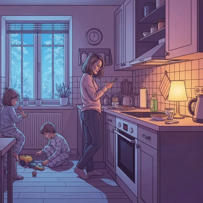 A stressed parent checking school closings near me on a tablet while kids play in the background.