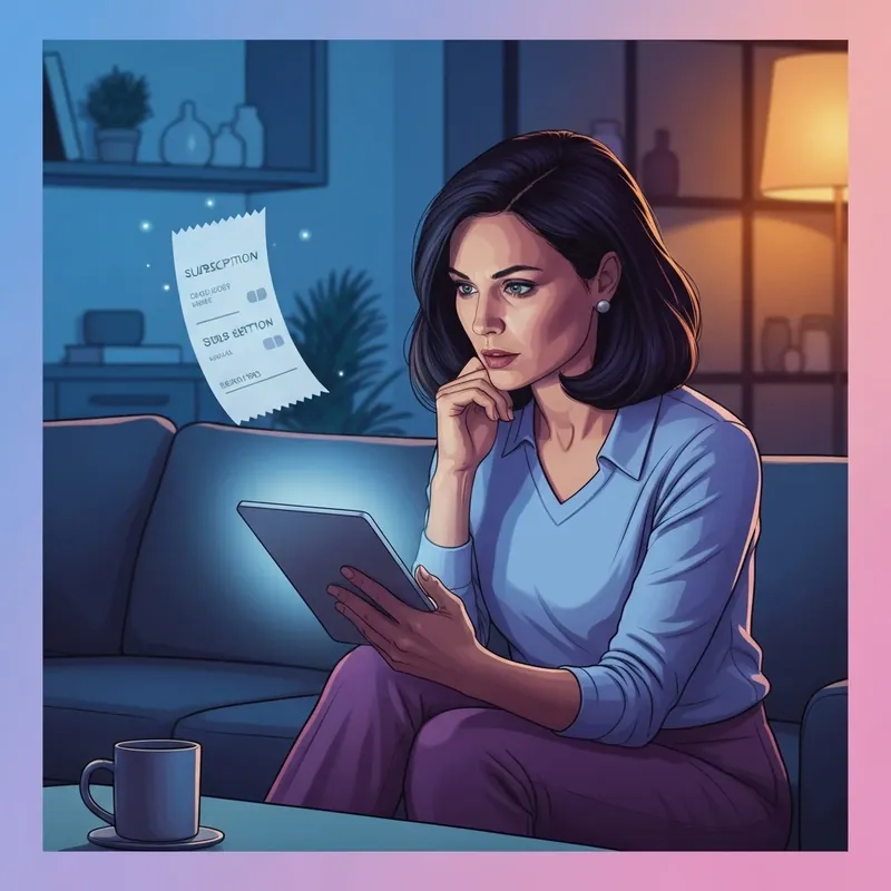 A woman reviewing her digital subscriptions and amazon prime news on a tablet in a cozy home setting.