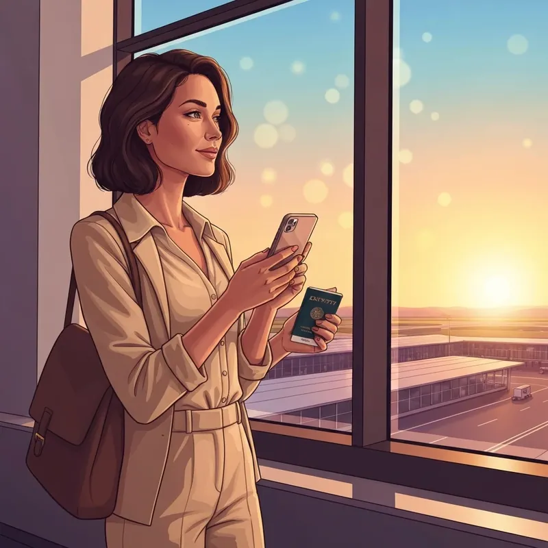 A confident traveler staying updated on vacation news while waiting for a flight at sunset.