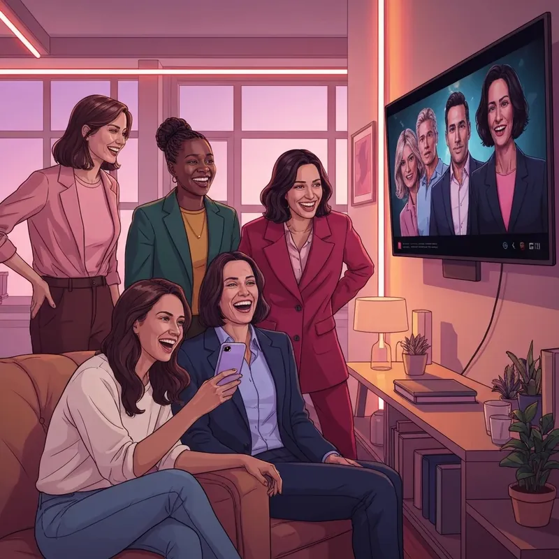 A group of friends excitedly discussing the latest movies news in a neon-lit room.