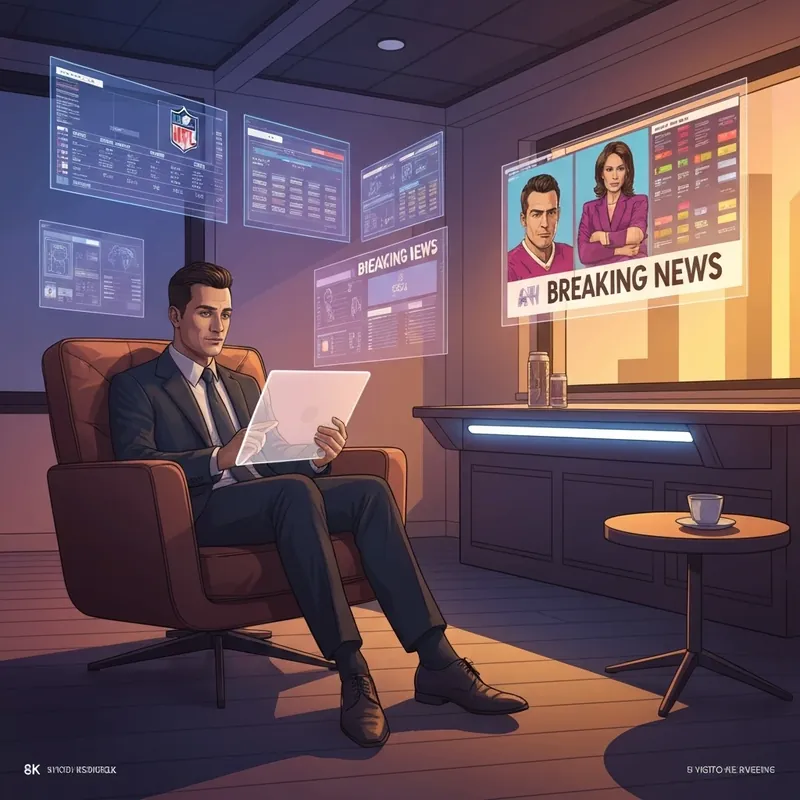 A high-tech digital sports lounge showing the latest nfl news and rumors on holographic displays.