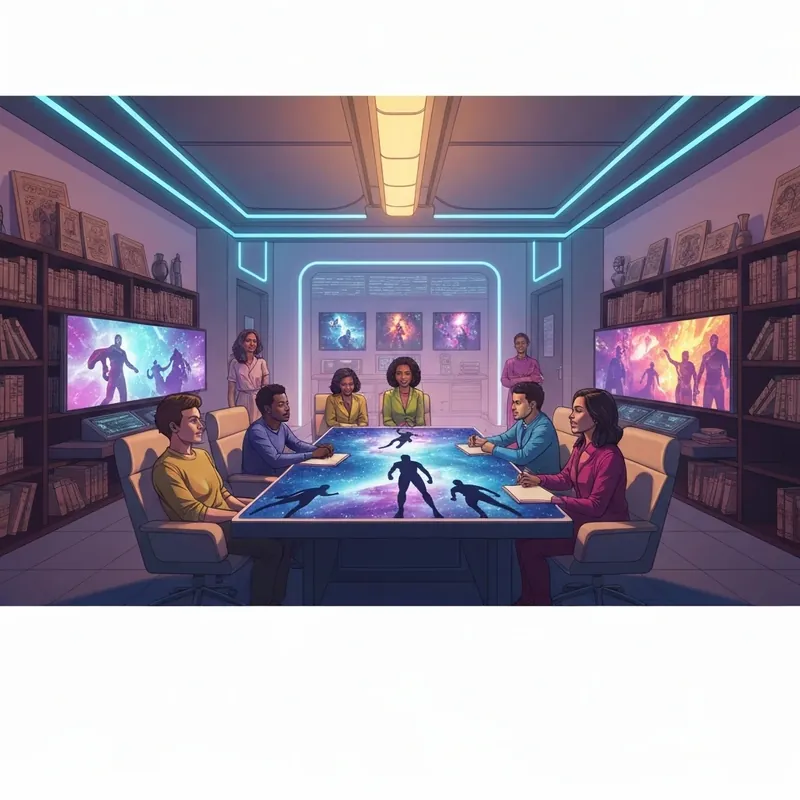 A group of young adults exploring the deep lore and psychology of the marvel universe in a high-tech digital sanctuary.