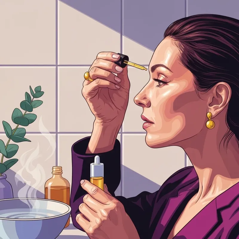 A woman performing a safe lash extension removal at home using a gentle oil-based method in a spa-like setting.