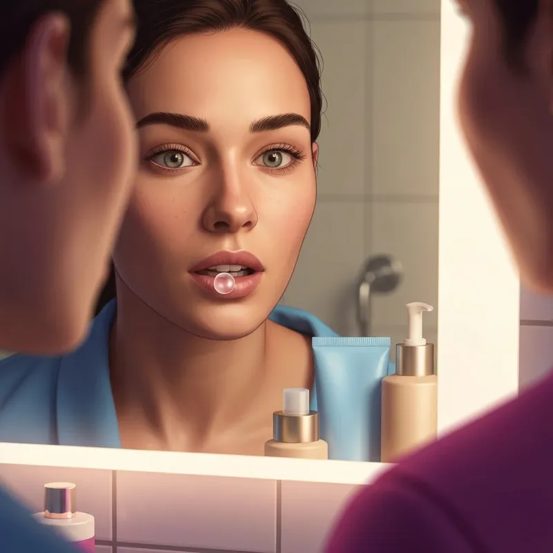 Close up of a person checking a fluid filled bump on lip in a bathroom mirror with soft lighting.