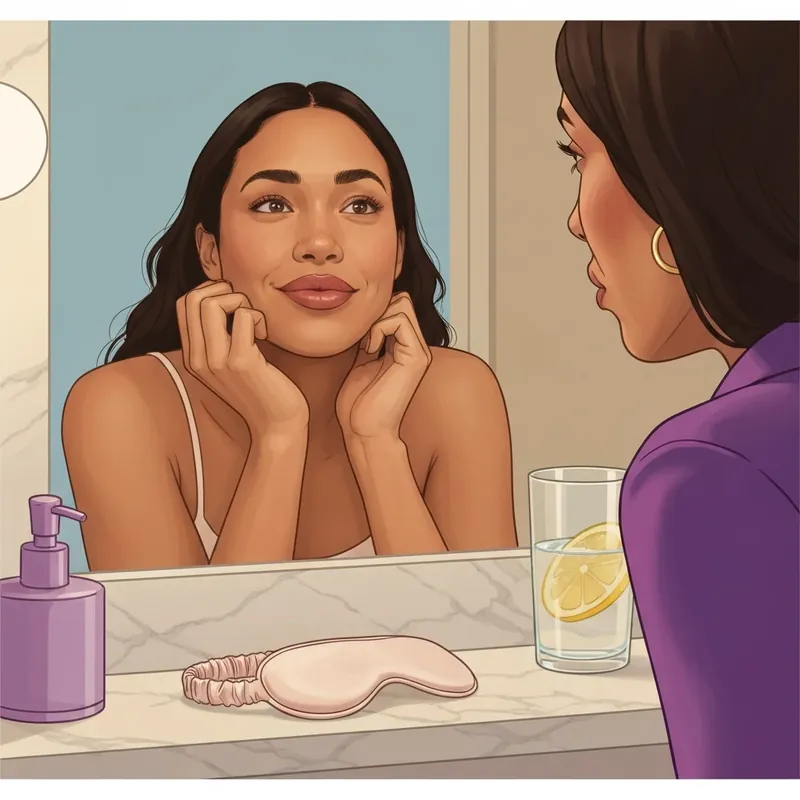 A woman observing the lip filler swelling stages in a mirror with a calm expression.