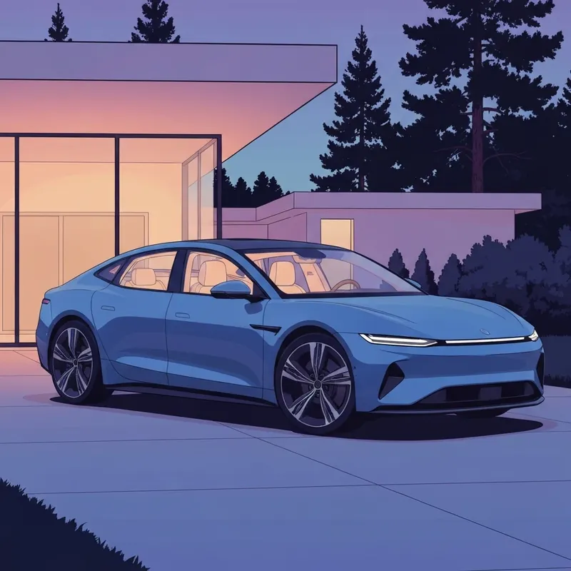 A sleek blue lucid car parked in front of a modern executive home at sunset, showcasing premium EV interior design.