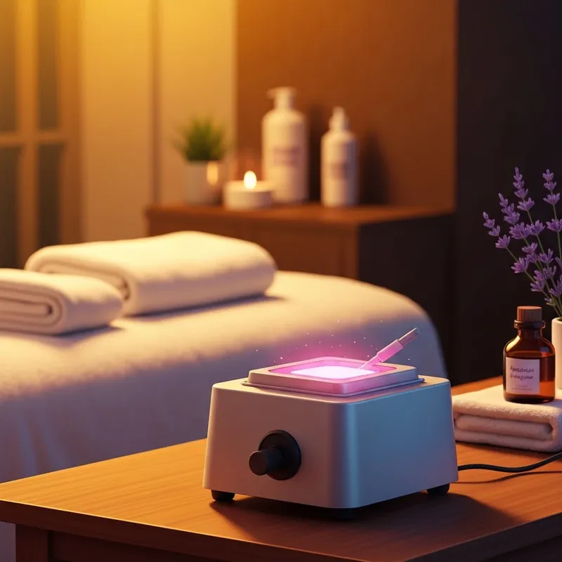 A professional setup for a brazilian_wax_uncensored procedure featuring pink hard wax and soothing oils in a luxury spa.