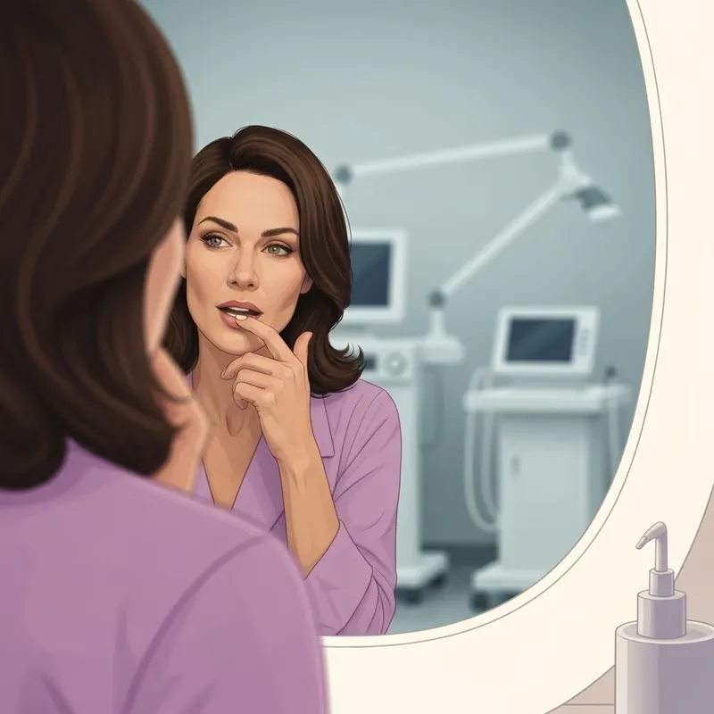 A young woman considering how much for lip filler while looking in a mirror in a luxury aesthetic clinic.