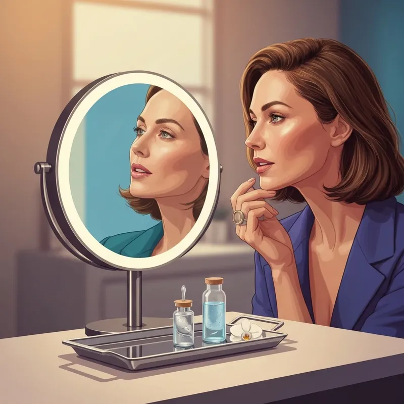 A woman considering whether is dermal filler lip filler in a luxury aesthetic clinic setting.