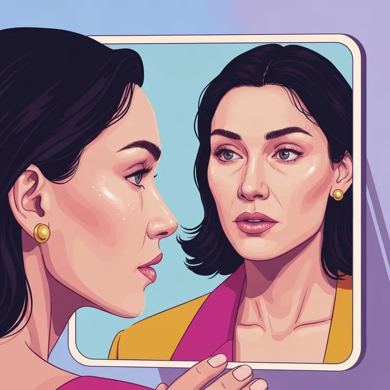 A young woman evaluating her facial features in a digital mirror, wondering how old do you have to be to get lip filler.