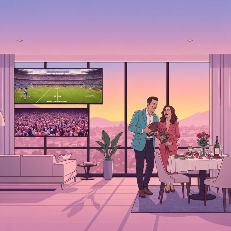 A stylish couple celebrating both Valentine's Day and the super bowl 2027 in a luxury Los Angeles home.