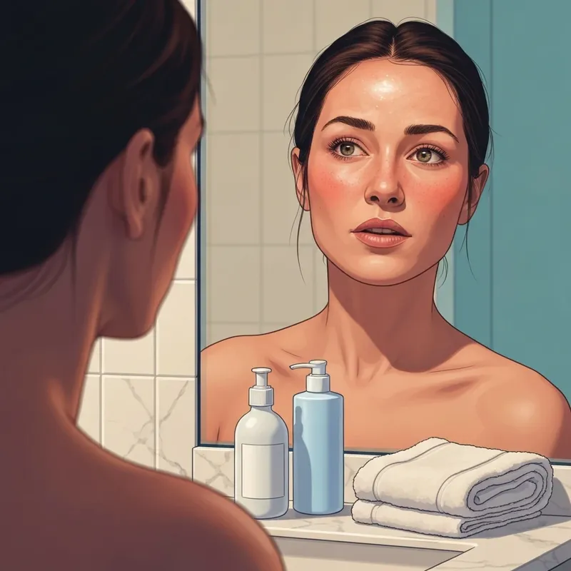 Close-up of a young woman looking at her face in the mirror wondering what does a damaged skin barrier look like.