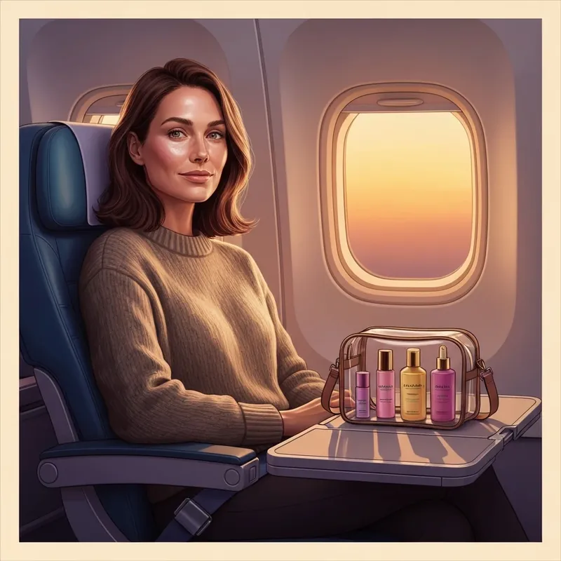 A woman practicing a mindful how to do airplane skincare routine in a cabin window seat.