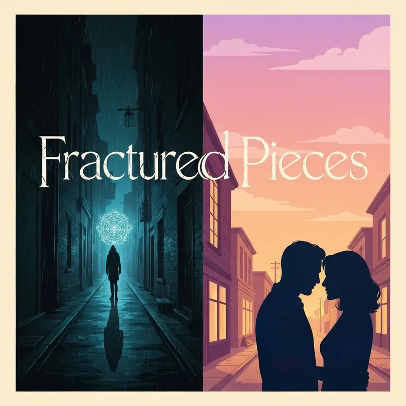A split-screen visual representing the two versions of the book Fractured Pieces, showing urban fantasy assassin vibes and small-town romance vibes.