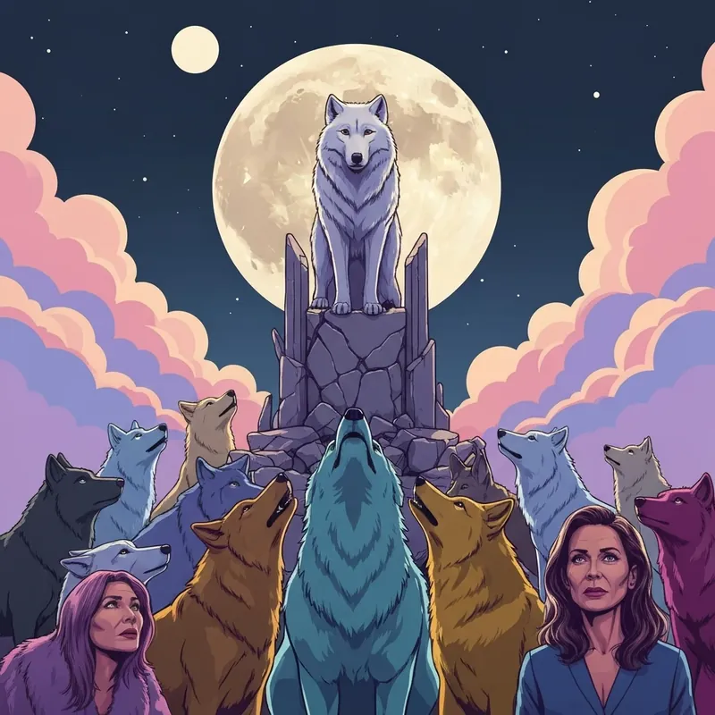 A powerful white wolf standing over a shattered throne, representing the alternate ending of The Pack where Sierra takes her revenge.