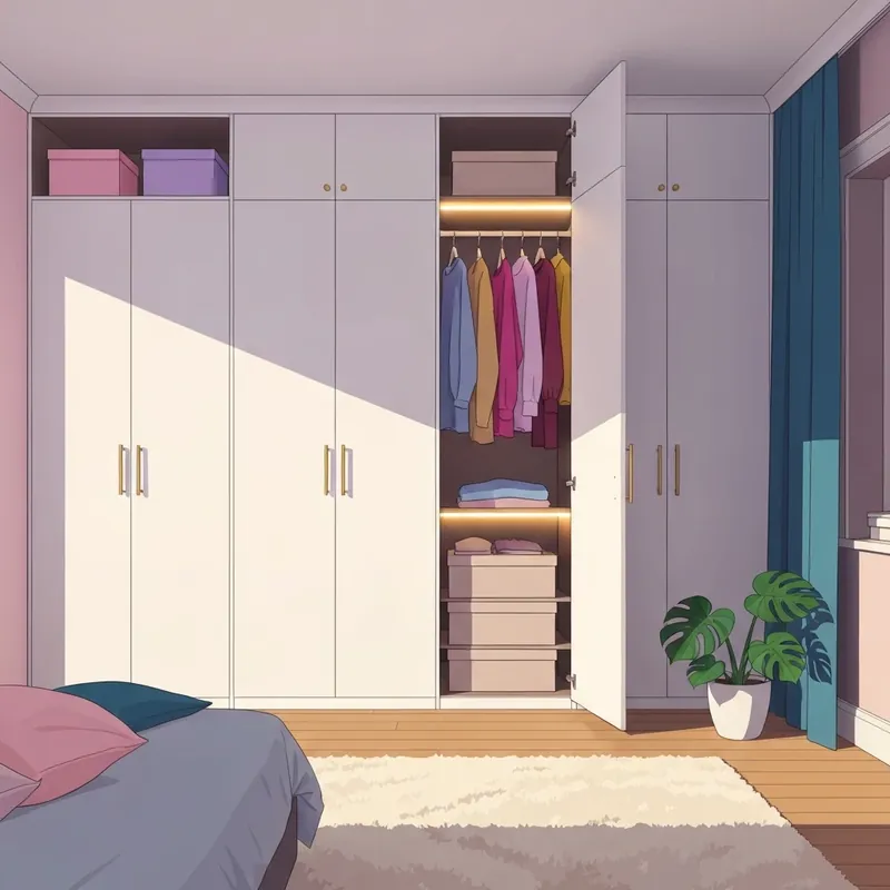 A perfectly organized white ikea wardrobe in a modern minimalist bedroom