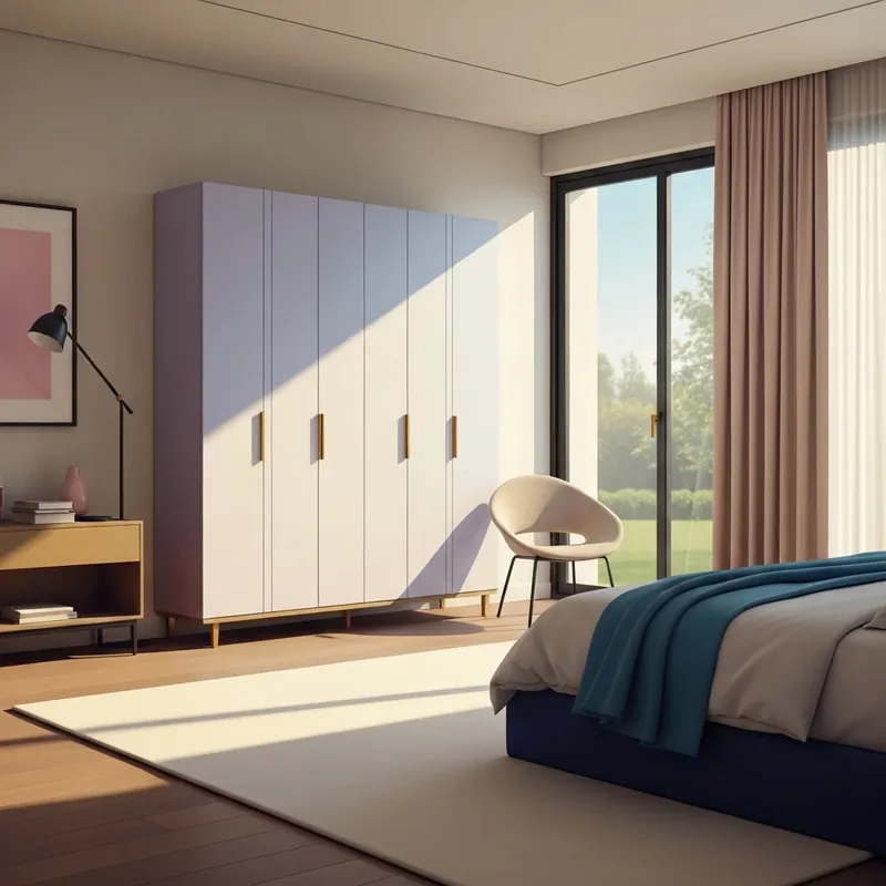 A minimalist bedroom featuring elegant white wardrobes for organized living.