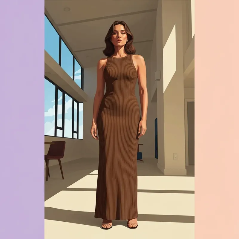 A woman wearing a high-quality skims dress dupe in a modern apartment setting.