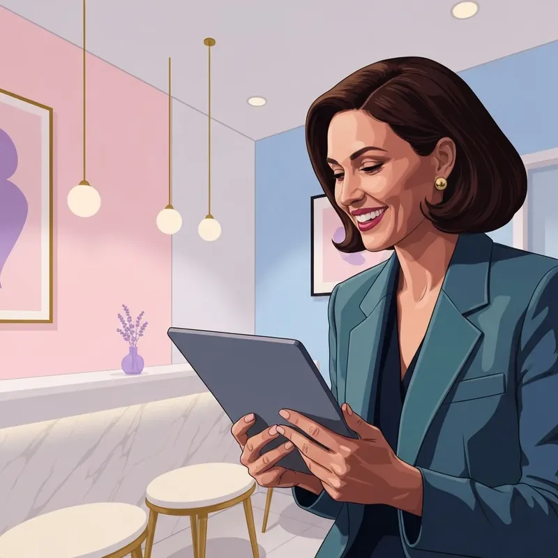 A young woman looking at a botox payment plan near me options on a tablet in a luxury med spa.