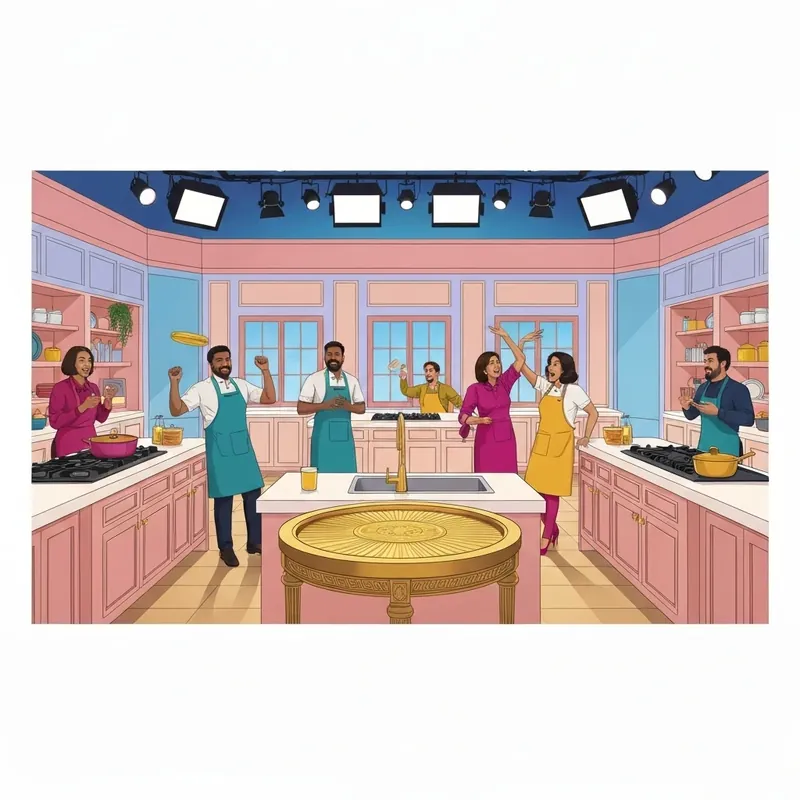 The vibrant studio set of Top Cooku Dupe Cooku Season 2 27-09-2025 featuring the iconic Golden Table and high-energy cooking stations.