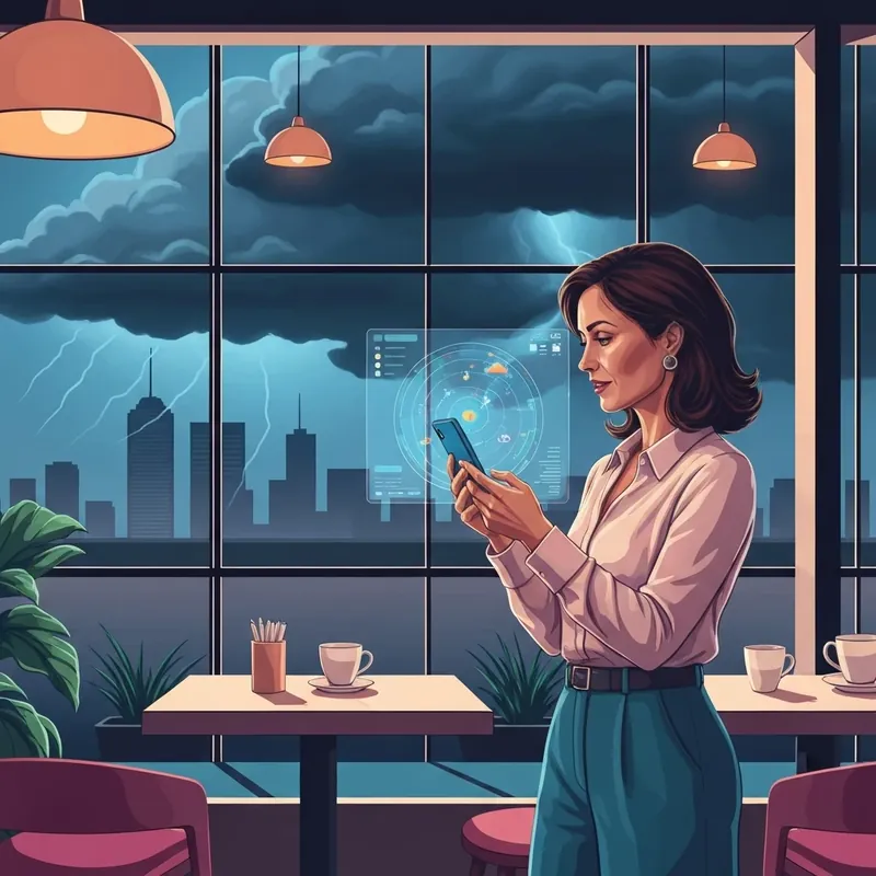 A young professional woman checking a detailed weather radar on her phone to plan her social schedule.