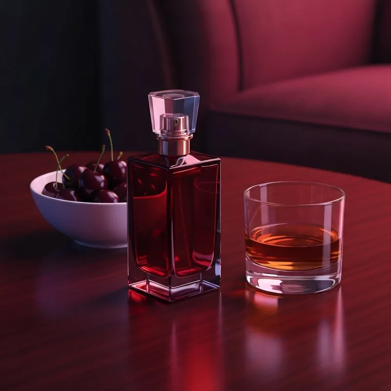 A luxurious scene featuring a dark red perfume bottle representing a tom ford lost cherry dupe on a wooden table.