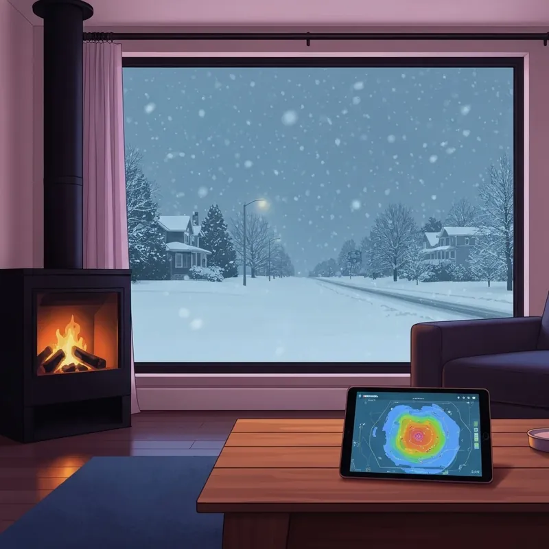 A digital weather forecast showing how many inches of snow are we getting displayed on a tablet in a cozy winter living room.