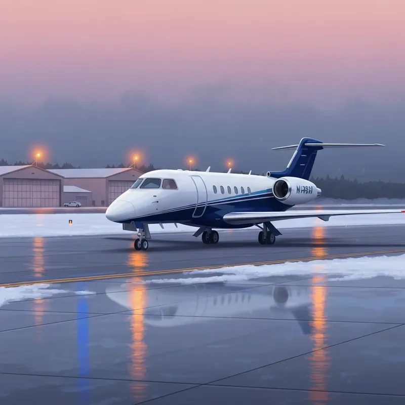 A cinematic and somber view of a luxury jet on a snowy runway, reflecting the gravity of the Arnold and Itkin plane crash Maine.