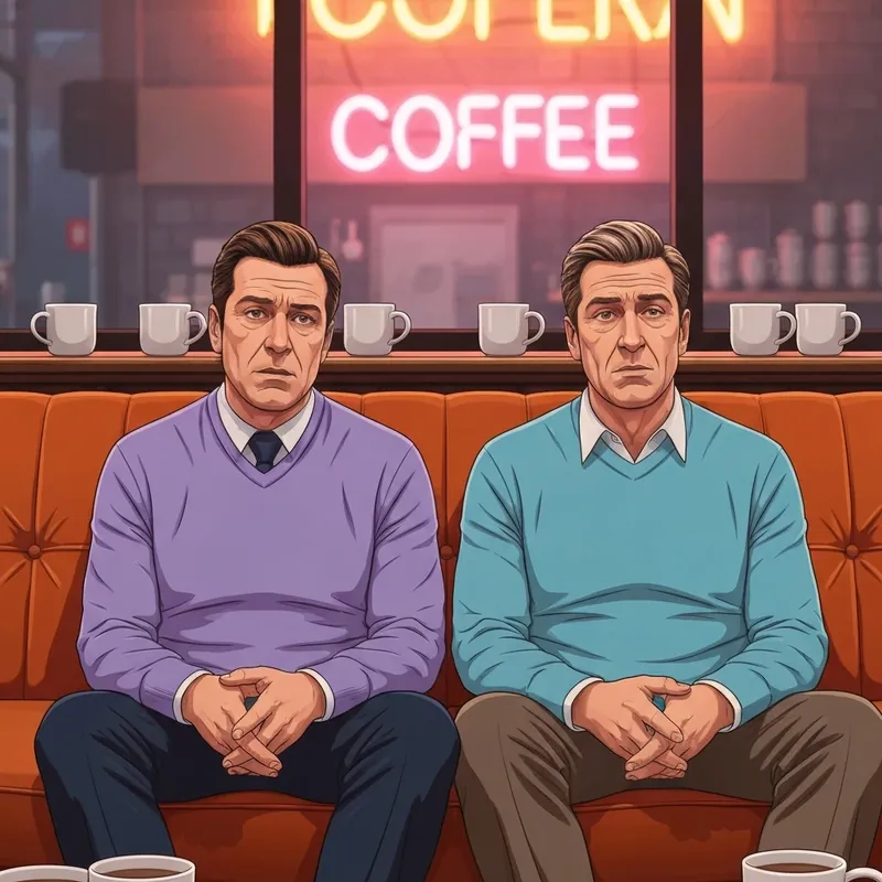 A nostalgic scene showing the mystery of who plays russ on friends with two lookalike characters in a coffee shop setting.