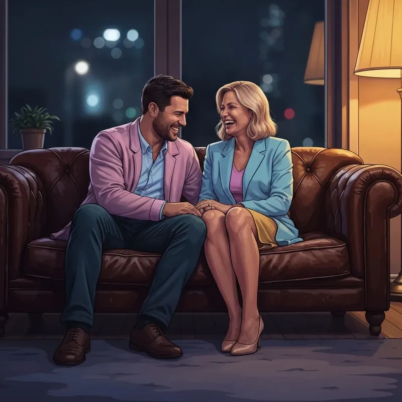 Two best friends that have sex sharing an intimate and laughter-filled moment on a sofa in a dimly lit room.