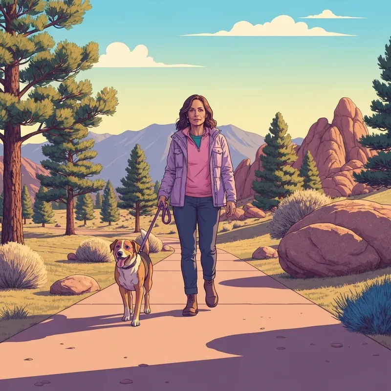 A woman and her rescue dog walking in a park, representing the community support of United Animal Friends Prescott.