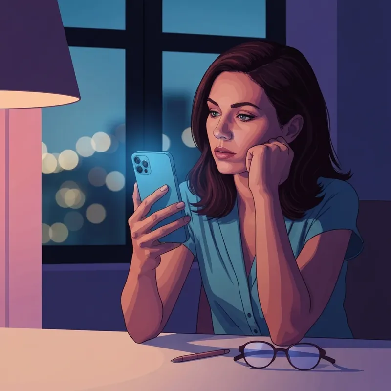 A young woman using her phone to learn how to see sent friend requests on facebook in a moody room.