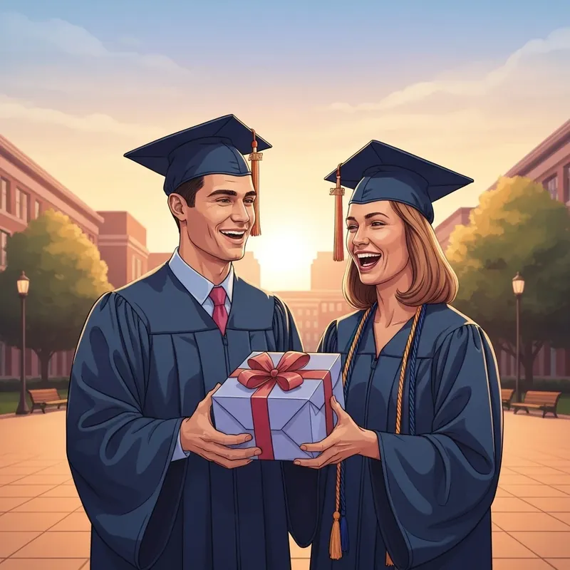 Two best friends sharing a moment while exchanging graduation gifts for friends on a sunny campus.