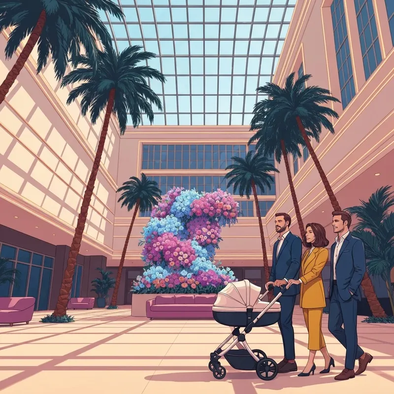 A stylish family enjoying a family friendly vegas vacation in a luxury hotel lobby.