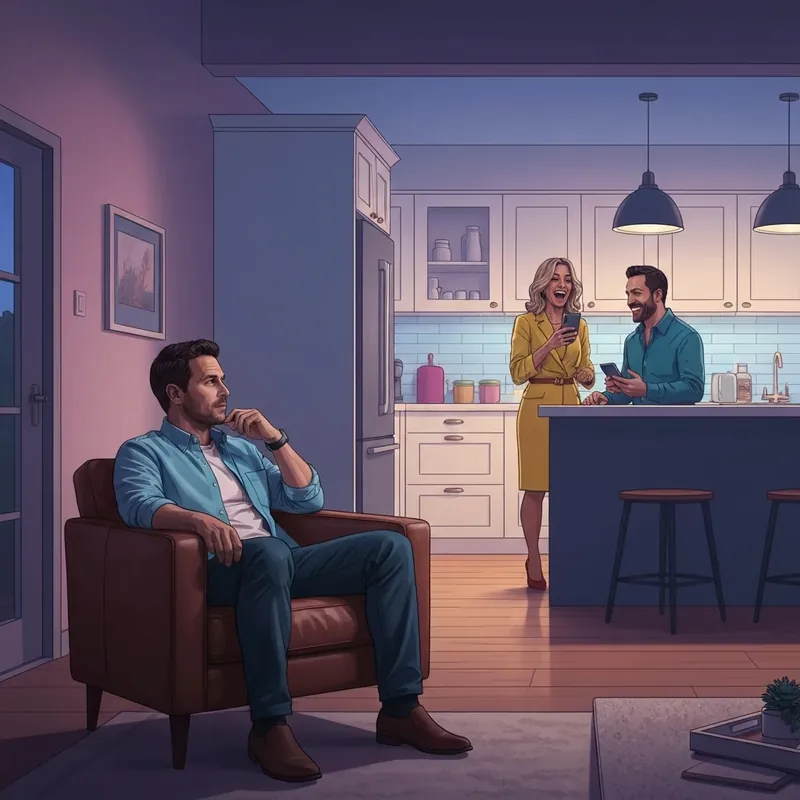 A man considering the social dynamics and friend and wife boundaries in his home environment.