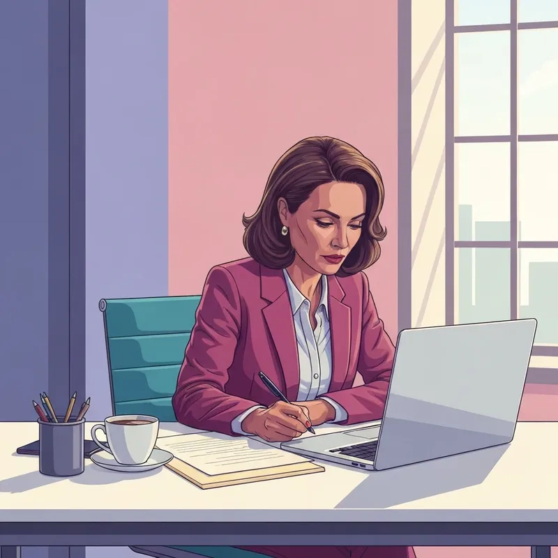 A professional woman writing a reference letter for a friend in a sunlit office environment.