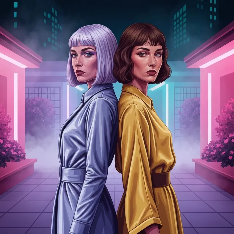 Two friends wearing high-fashion best friend costumes in a neon urban setting.