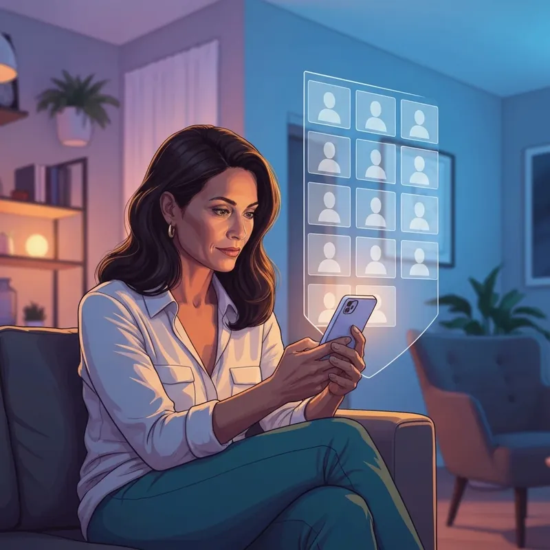 A woman securing her digital privacy to learn how do you hide your facebook friends in a modern setting.