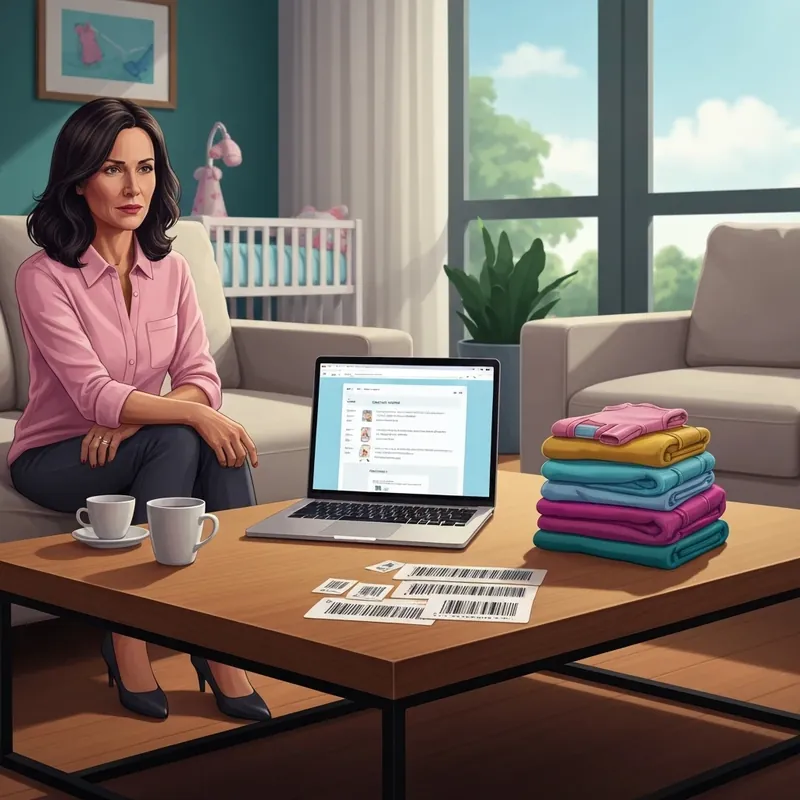 A savvy parent using their Just Between Friends login on a laptop to manage kids consignment items in a clean home.