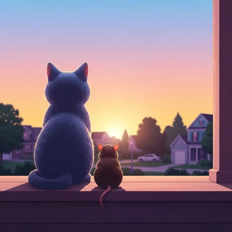 A symbolic representation of are tom and jerry best friends showing a cat and mouse in a peaceful moment.