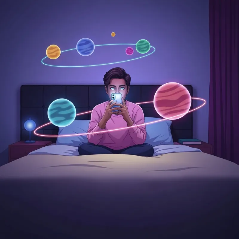 A person looking at their phone with the Best Friend List Snapchat Planets glowing as holographic orbs around them.