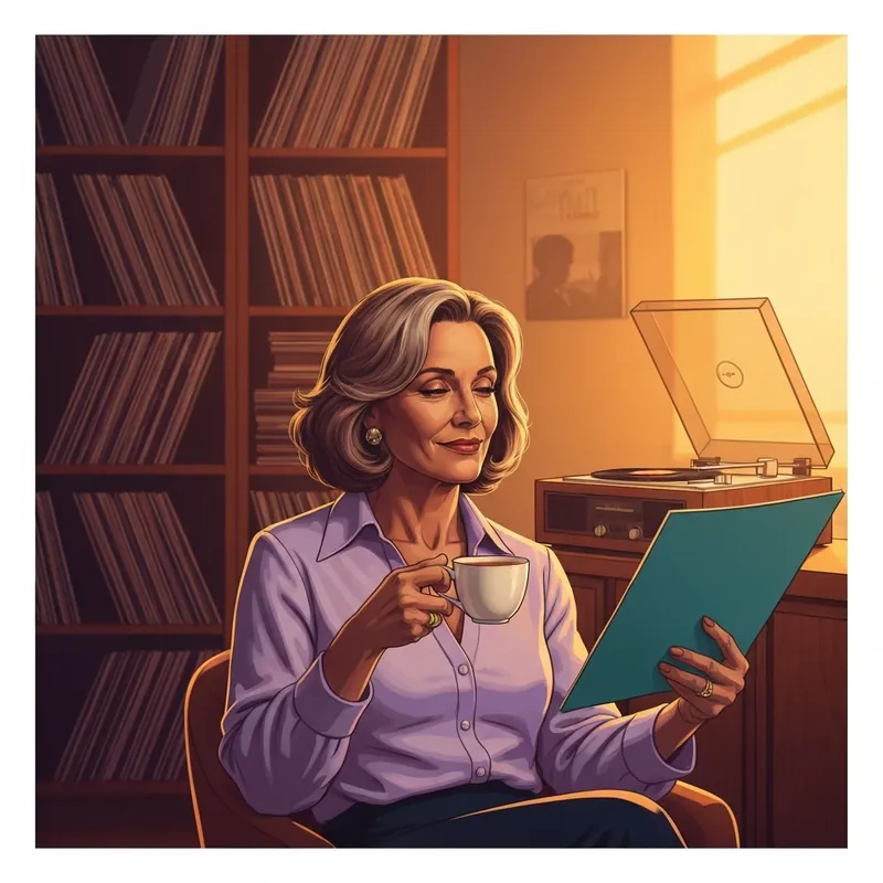 A woman reflecting on her life while listening to the killing me softly the friends of love album in a nostalgic setting.